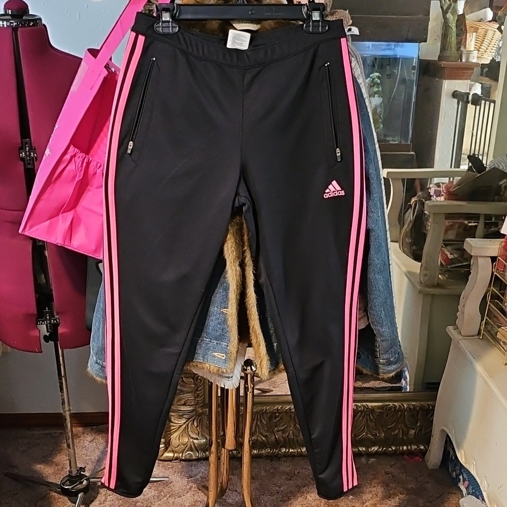 Adidas Adult Black Joggers with Pink Stripes